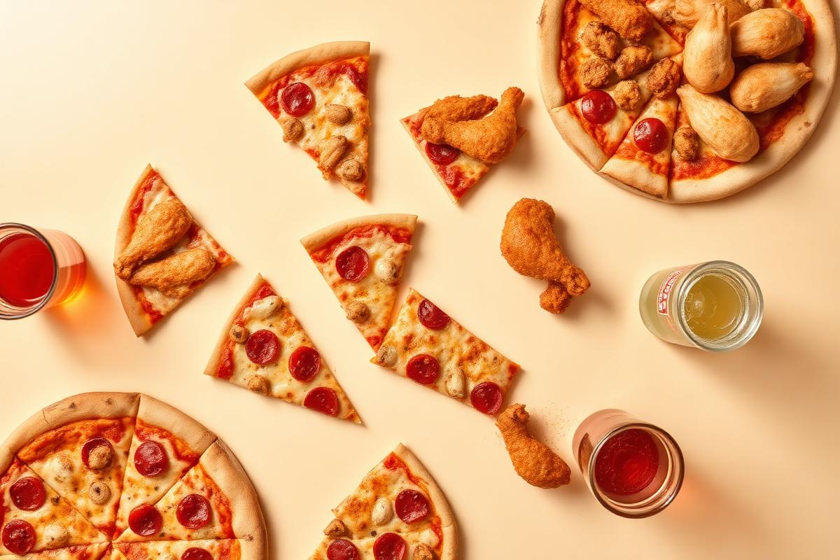 Pizza slices, wings and drinks laid out on a table
